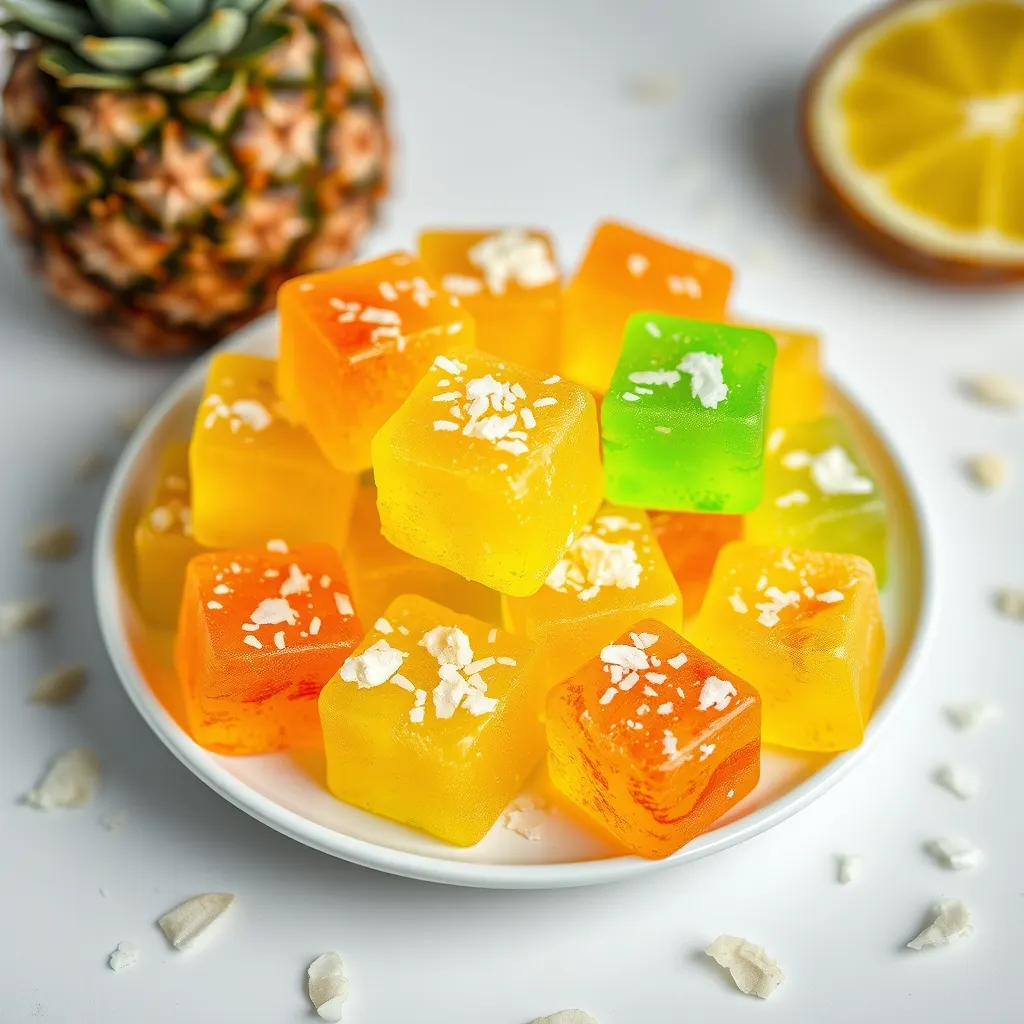 Glowing Gummy Cubes with Pineapple Juice and Coconut Flakes